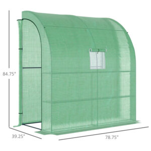Lean To Greenhouse, Walk-In Green House, Plant Nursery With 2 Roll-up Doors And Windows, PE Cover And 3 Wire Shelves, Green