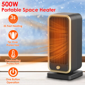 1Pc 500W Portable Electric Heater PTC Ceramic Heating Space Heater Overheating Tip Over Protection 3S Heating Space For 322 Sq FT Home Office Use